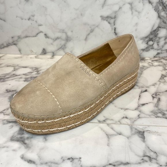 Prada Tan Suede Espadrille Platform Loafers - Picture 1 of 9